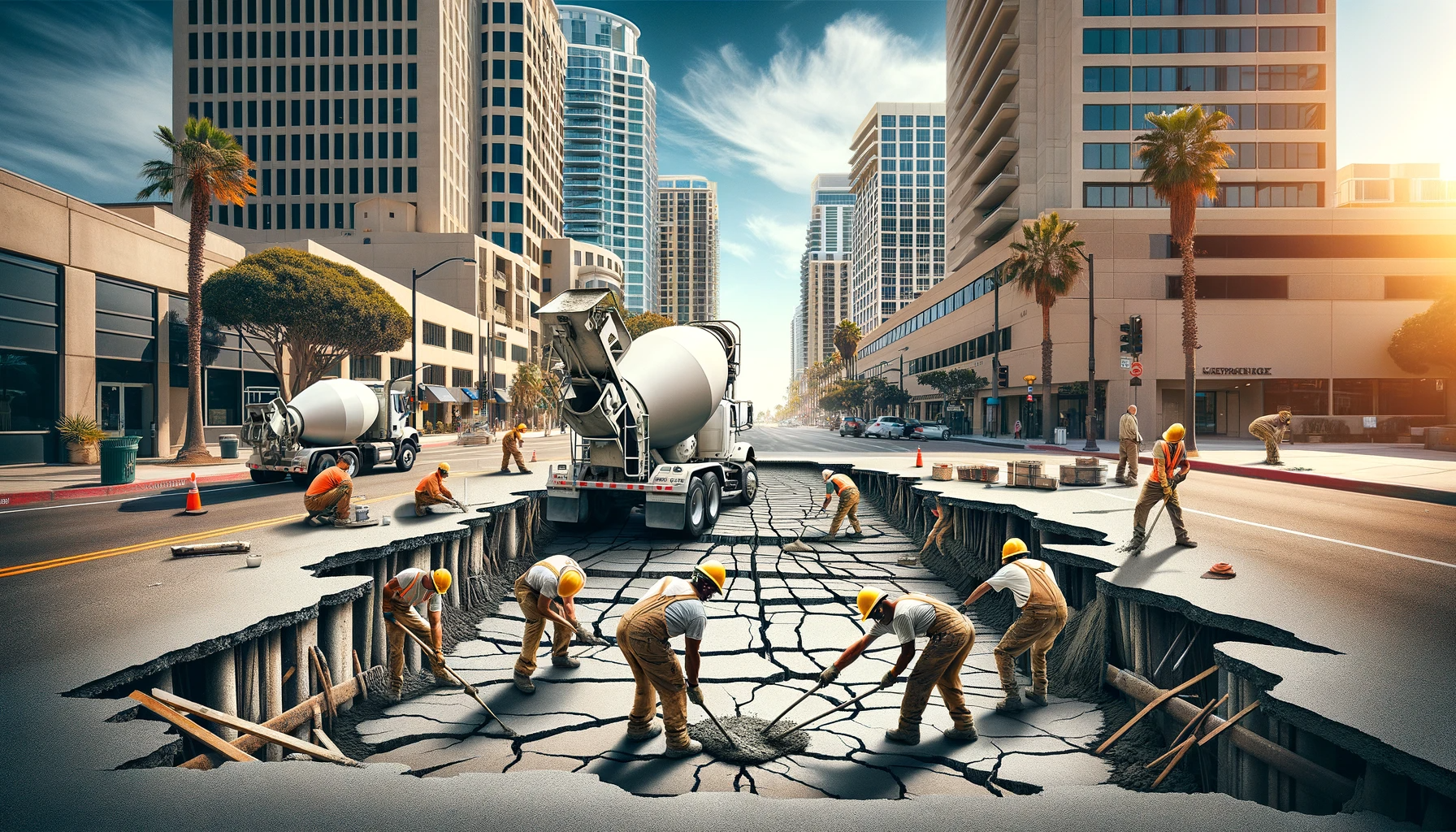 Skilled workers repairing a cracked concrete surface in San Diego, using professional tools, with palm trees and modern buildings in the background.